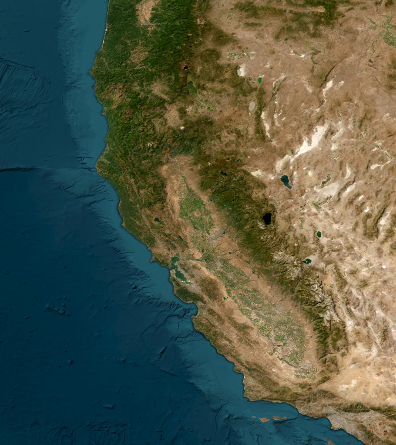 Wider satellite view around Northern California, USA