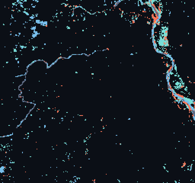Surface-water change map for Delhi, India, drawn from the counted pixels