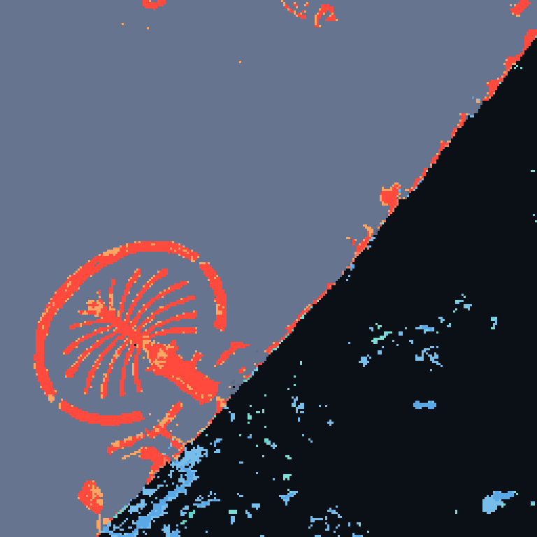 Surface-water change map for Dubai, United Arab Emirates, drawn from the counted pixels